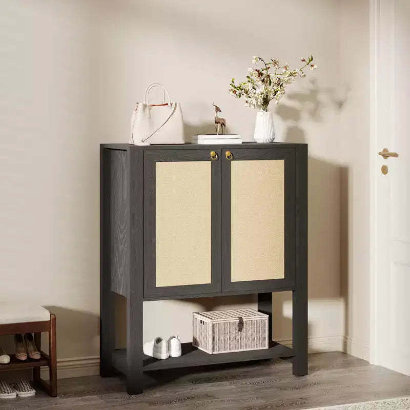 Rattan Shoe Storage Cabinet, 40in Tall Farmhouse Freestanding Wooden Shoe Rack Organizer with Adjustable Shelves and Open Shelf for Entryway, Grey Oak