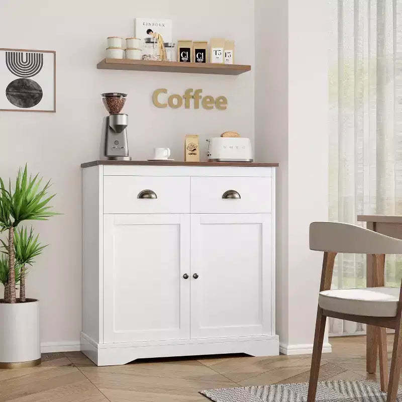 Farmhouse White Buffet Cabinet with Storage, Kitchen Sideboard with 2 Doors and 2 Drawers, Wooden Coffee Bar Cabinet for Dining Room, Living Room