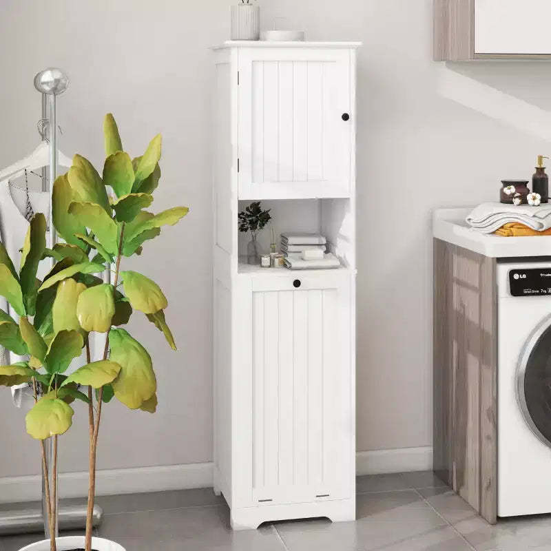 Tilt Out Laundry Hamper Cabinet, Hidden Laundry Hamper Cabinet with Compartment and Tilt Out Bottom Shelf, Tall Bathroom Storage Organizer White