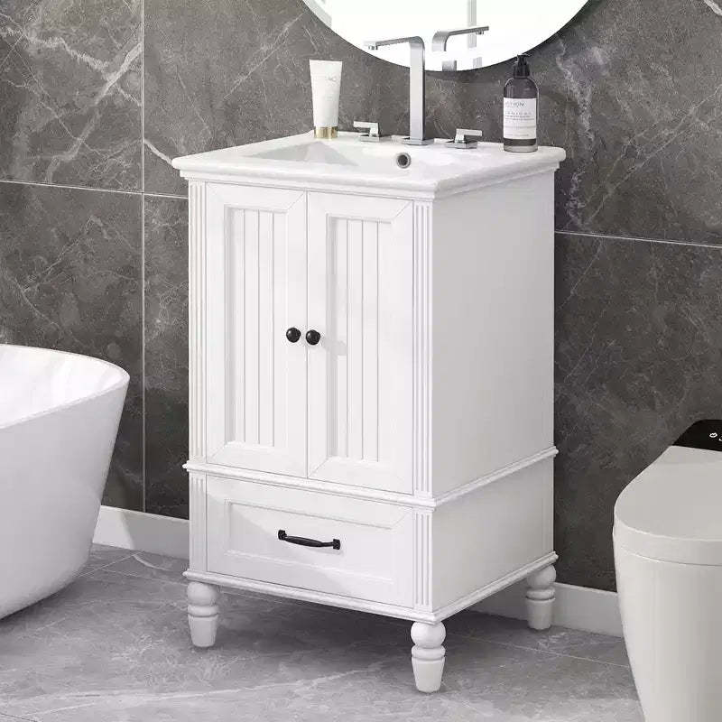 20 Small Bathroom Vanity Sink Combo with Storage , Wood Bathroom Floor Cabinet with Drawers and Doors, White