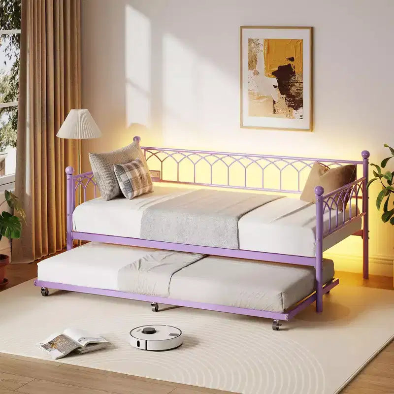 COZONY Daybed with Trundle w/ Charging Station & RGB LED Lights, Sofa Bed Frame, Heavy Duty Steel Slats, Space Saving Design, Easy Assembly
