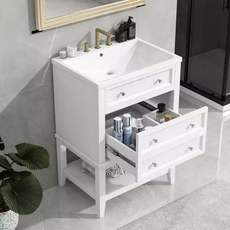 24 Small Bathroom Vanity Sink Combo with Storage , Wood Bathroom Floor Cabinet with Drawers and Open Shelf, White