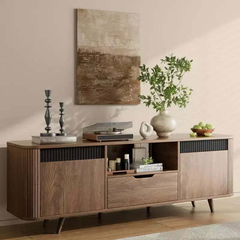 Modern 55 Inch TV Stand For TVs Up To 65 Inch Fluted Media Console With Drawer Charging Station Mid Century Wood Entertainment Center Living Rooms