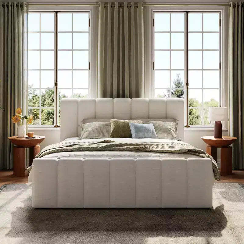 Christopher Knight Home Emi Modern Linen Upholstered Bed Frame With Thick Headboard and Rubberwood Legs