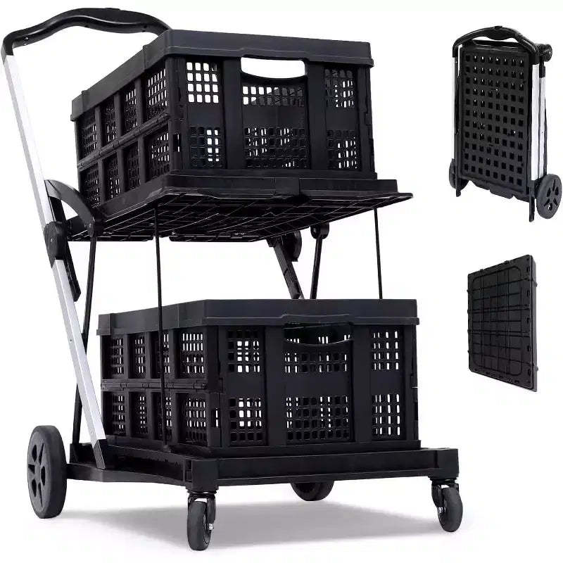 COZONY Folding Office Utility Cart with Wheels  2-Tier Heavy Duty Rolling Organizer  Collapsible Multipurpose Trolley  Black, 2 Cargo Boxes