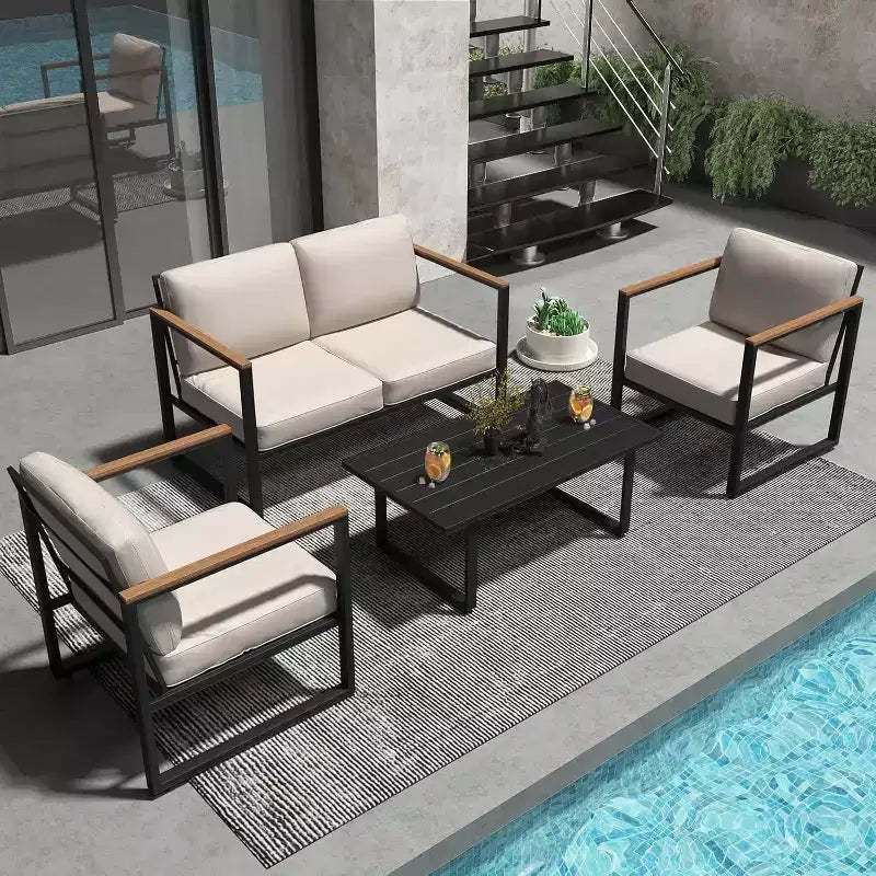 Outdoor Metal Patio Furniture Sets of 4, Outside Seating Furniture with Loveseat and Coffee Table, for Porch, Apartments, Garden