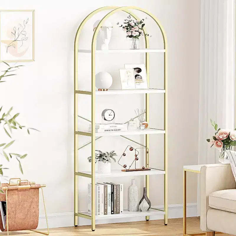 2 packs 5-Tier Arched Bookshelf with Metal Frame, Tall Standing Display Storage Rack for Bedroom Living Room Home Office, White & Gold