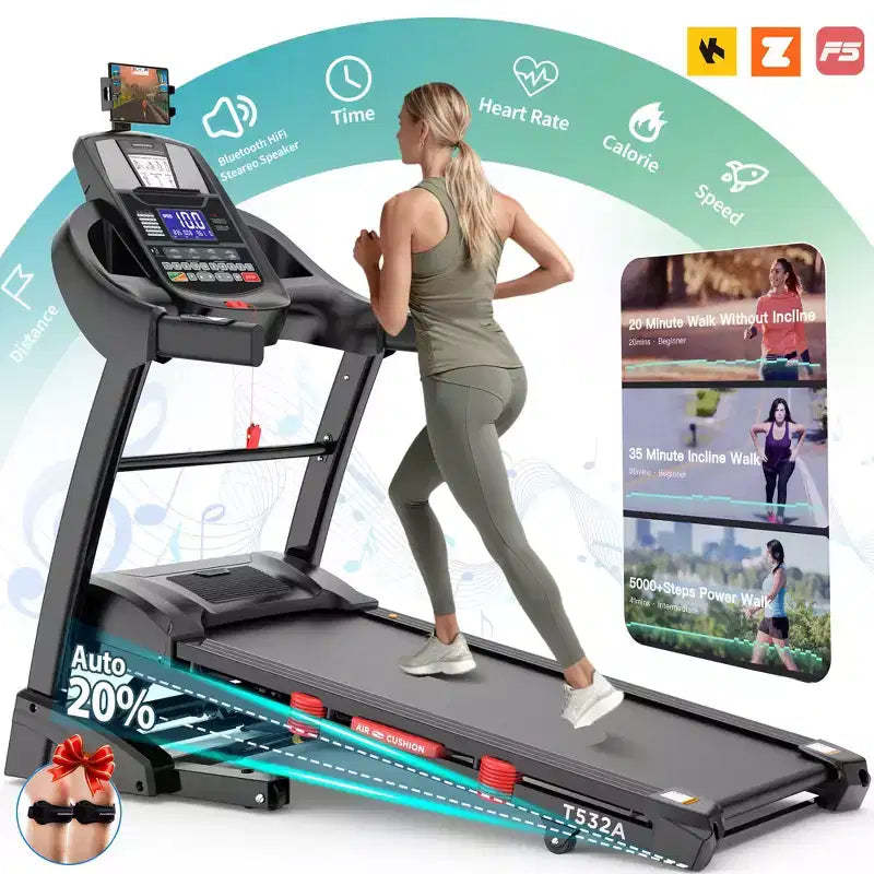 Folding Electric Treadmill for Home, 5HP Motor, 400 Lbs Capacity, Up to 12 MPH Running Machine with 20% Auto Incline, APP & Bluetooth Control