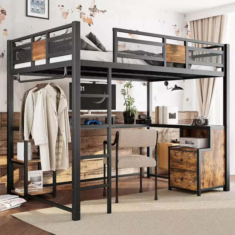 Full Loft Bed with Desk and Storage Non-woven Fabric Drawers Metal Loft Bed Frame with Ladders Nosie-free and No Spring Box Needed.Black