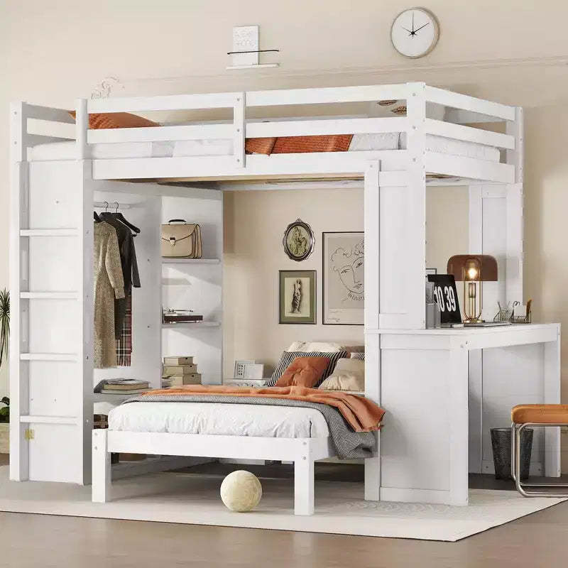 Full XL/Full over Twin Bunk Bed with Dismountable Lower Bed and Desk Solid Wood Bunk Beds Frame with Built-in Shelves and Wardrobe White
