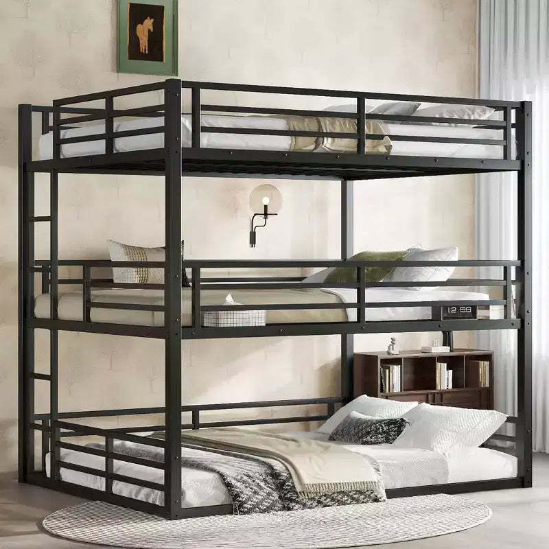 Queen over Full XL over Queen Bunk Bed Metal Triple Bunk Bed with Safety Guardrails Heavy-duty Bunk Bed with Noise-reduced Design Black