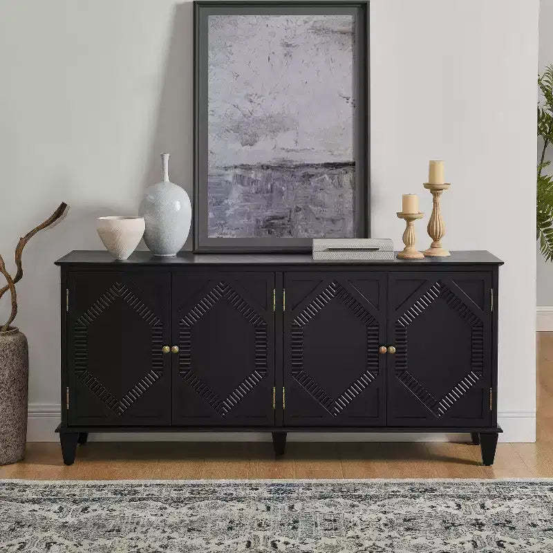 TUYOHW Buffet Server Cabinet,Cabinet with Symmetrical Geometric Accent,Adjustable Shelf,Brass Handles,Console Table for Living Room,Kitchen,Black