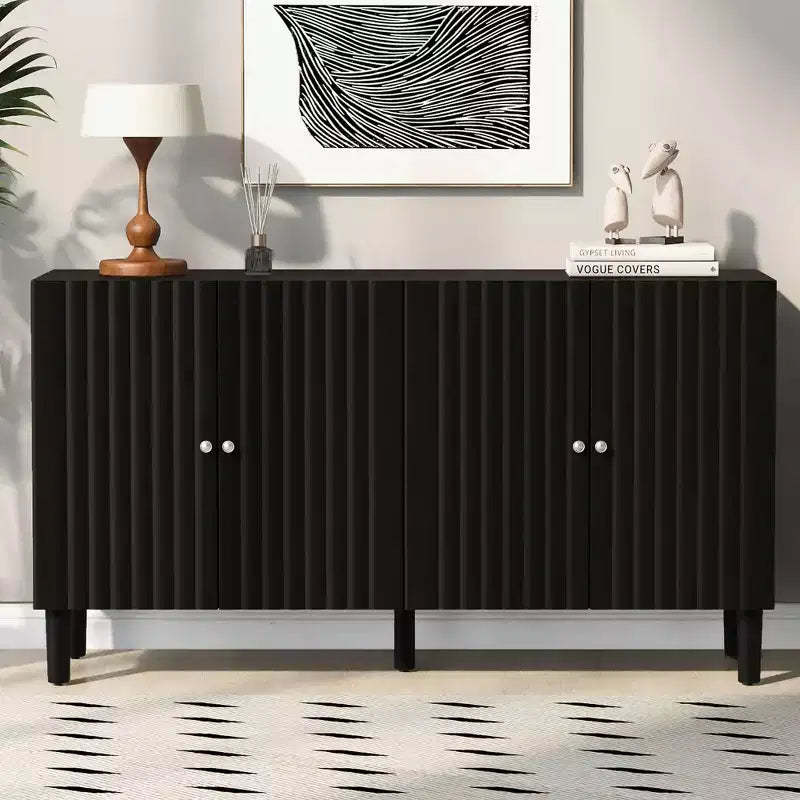 TUYOHW Sideboard Cabinet,Console Cabinet with Wavy Pattern Doors,Cylindrical Legs,Metal Handles,Adjustable Storage Cabinet for Study,Living Room,Black