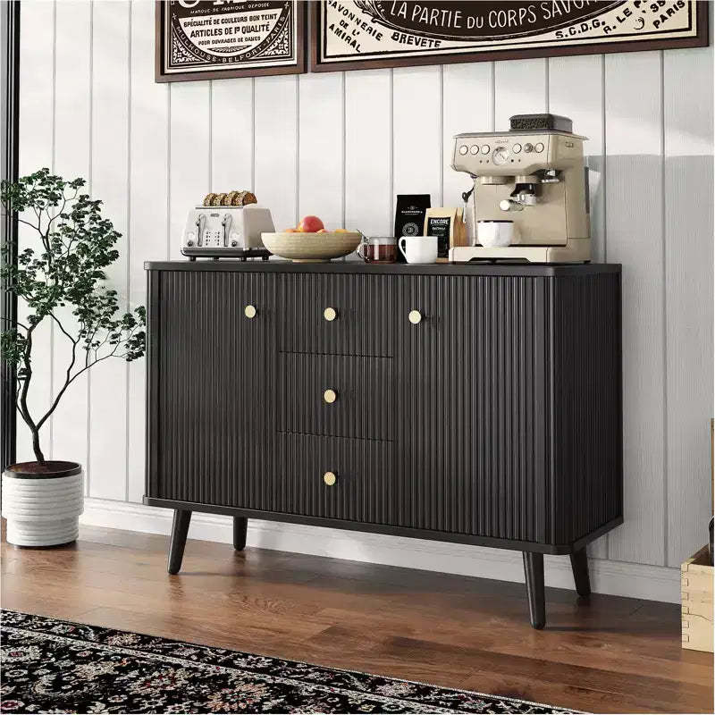 3 Drawers, Slim Kitchen Storage Cabinet, Modern Fluted Sideboard Buffet Cabinet