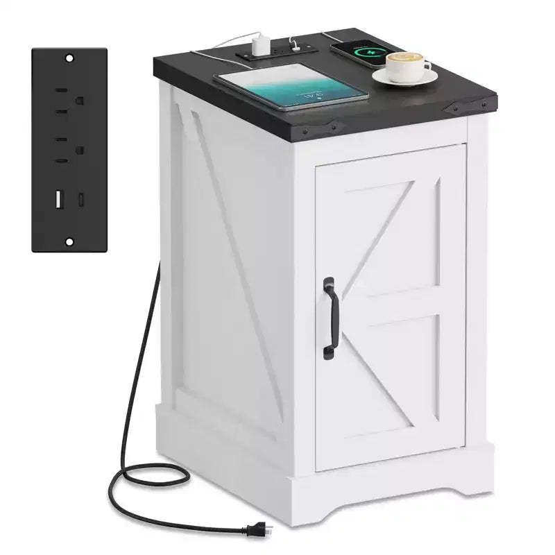 Farmhouse End Table, Adjustable Shelf, Cable Management | Convenient Power End Table for Bedroom, Living Room