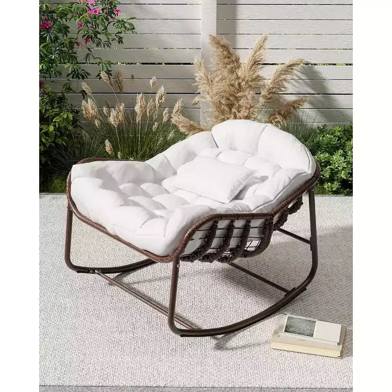 COZONY Indoor/Outdoor Rocking Egg Chair, Wicker Papasan Chair with Padded Cushion