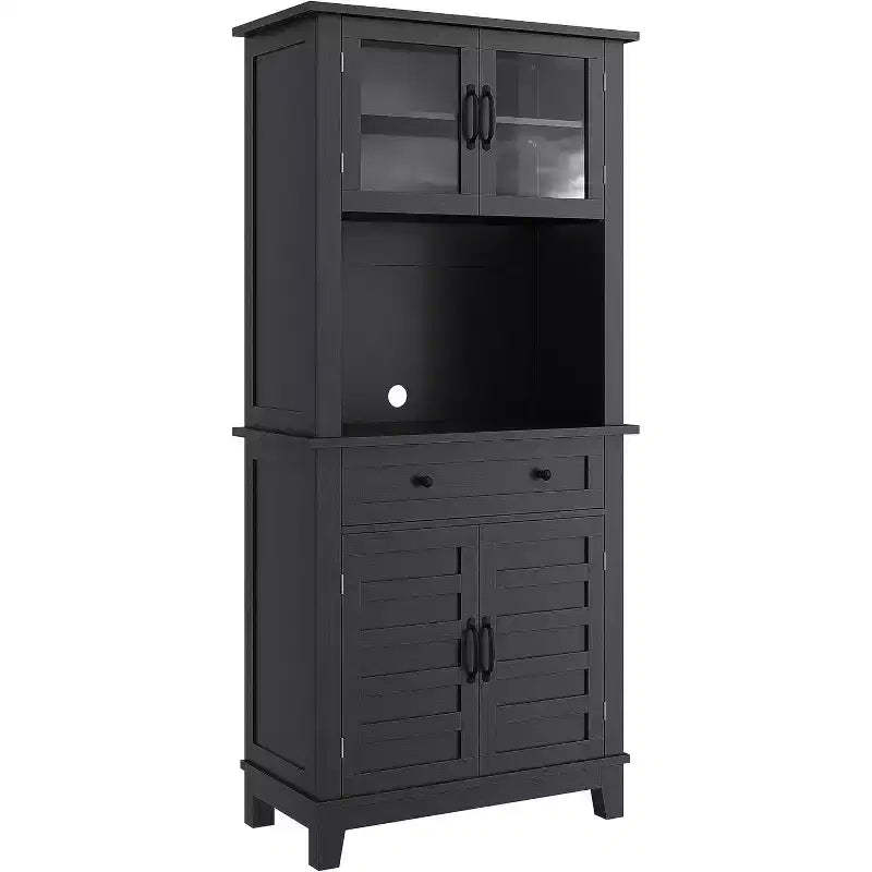 72 Inch Tall Kitchen Pantry Cabinet with Glass Doors and Drawer Adjustable Shelves for Dining Living Room Black