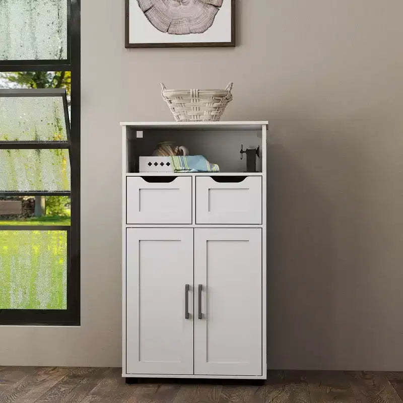 Freestanding Cabinet with Doors and Drawers - Adjustable Shelf Cabinet for Bathroom Essentials, Versatile Design Suitable for Kitchen Pantry White