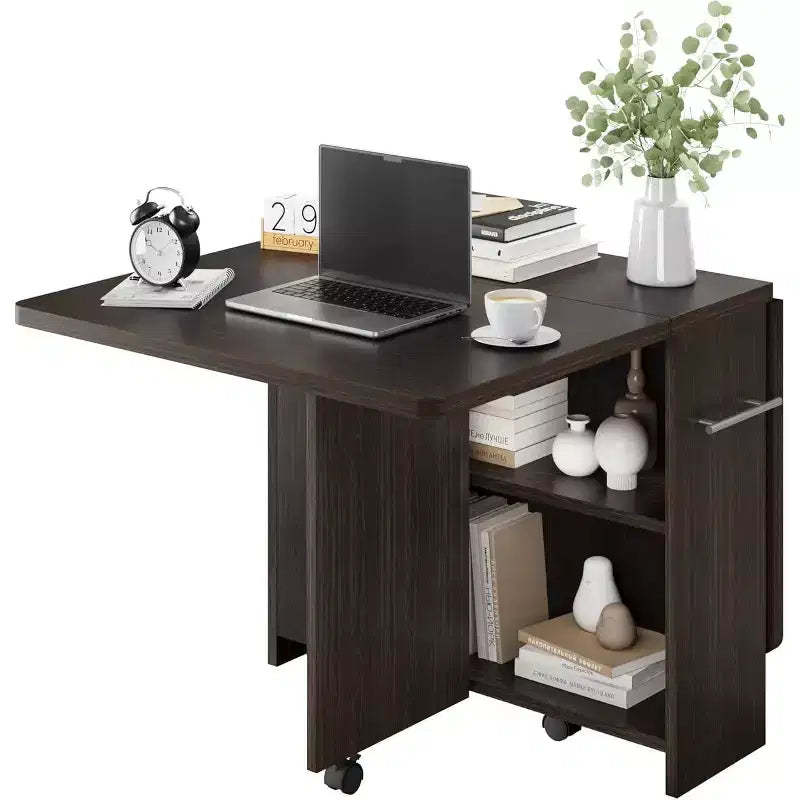 FULVARI Multipurpose Folding Table w/ Wheels, 2 Storage Shelves, Cubby, Handle,For Dining Room, Office , Living Room