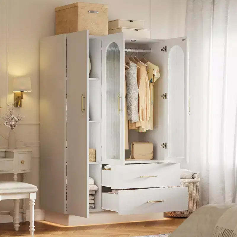 Acekool Modern 3-Door Storage Cabinet with Glass Doors, Hanging Rods & Drawers, Tall White Armoire for Bedroom and Living Room