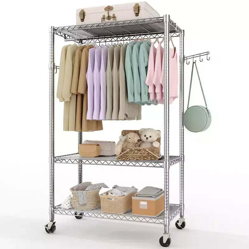 3 Tier Rolling Clothes Rack with Wheels, Heavy Duty Garment Rack with Adjustable Shelves & Double Hanging Rods