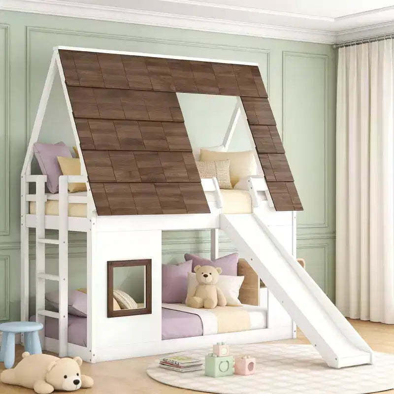 Luxystar Twin Size House Bunk Bed with Roof, Window, Ladder and Slide, White+Brown