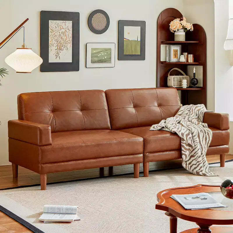 ATJafurn Modern 94.5-inch Luxury Brown Leather Sofa  Minimalist Modern Style Sturdy Frame Soft Touch Breathable and Easy-to-Clean Surface