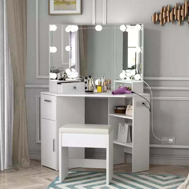 Corner Makeup Vanity Set with Stool & Lighted Mirror, Built-in Charging Station, 2 Drawers, White