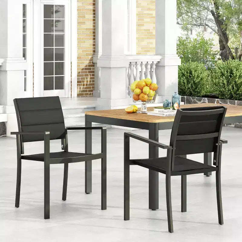 Modern Outdoor Dining Chair Set with Aluminum Frame, Mesh Seating, and Faux Wood Accents Design for Patios, Gardens, and Backyard Dining Black