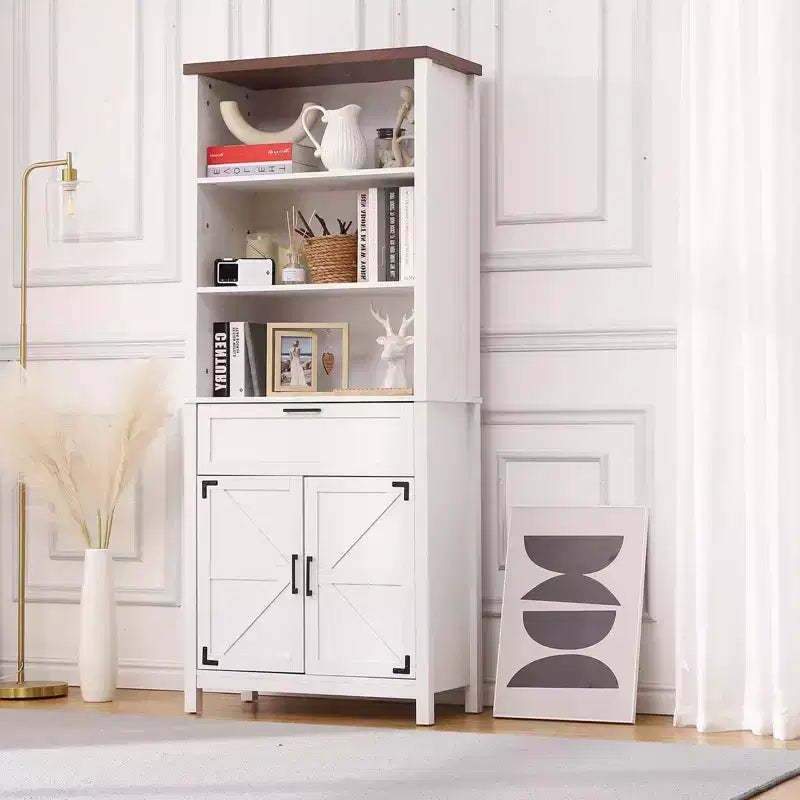 Farmhouse Storage Cabinet, 72 Tall 6-Tier Bookshelf with Drawer and Adjustable Shelves, Display Cabinet for Living Room, Bedroom