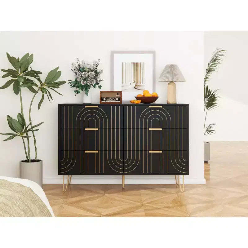 6 Drawers Dresser For Bedroom, Wood 6 Chest Of Drawer With Metal Handle, Curved Designed Storage Dresser For Home Office, Living Room, Bedroom Black