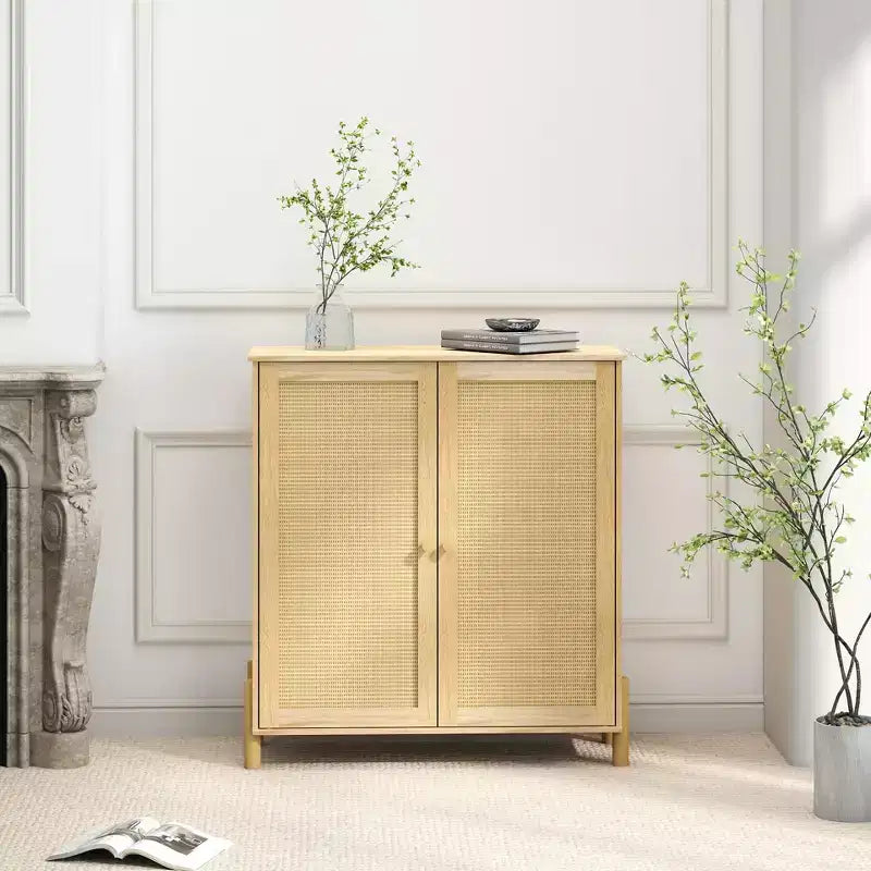 Mid-century storage cabinet with rattan doors, adjustable shelves, and solid wood baseversatile organizer for living or dining room.