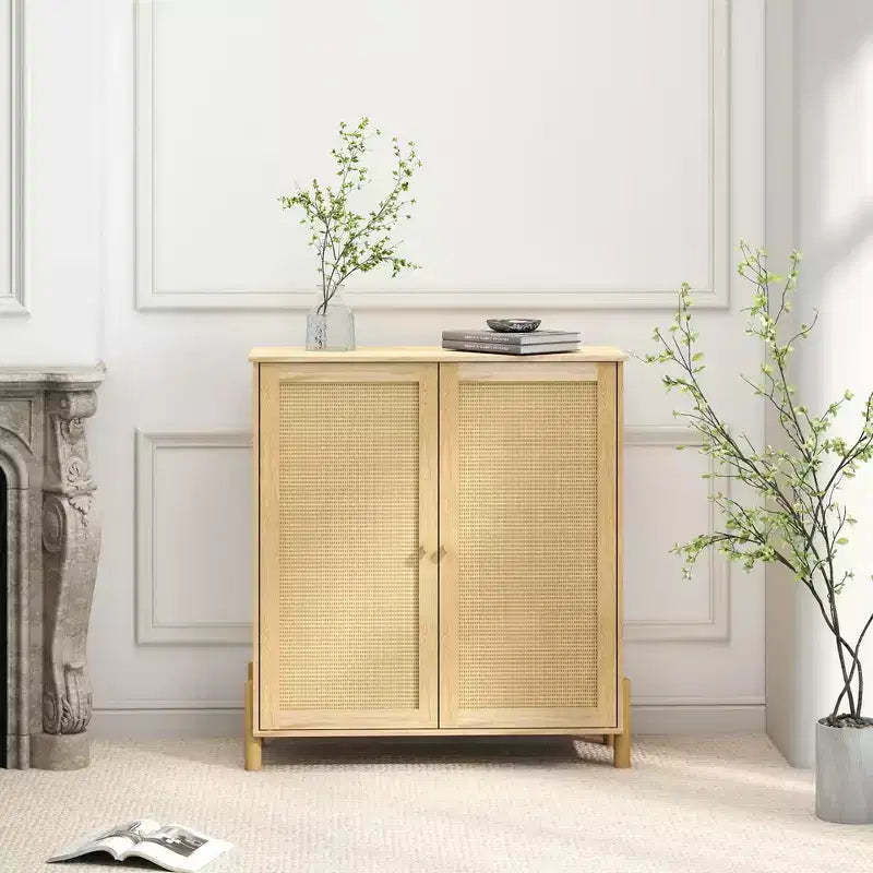 Mid-century storage cabinet with rattan doors, adjustable shelves, and solid wood baseversatile organizer for living or dining room.