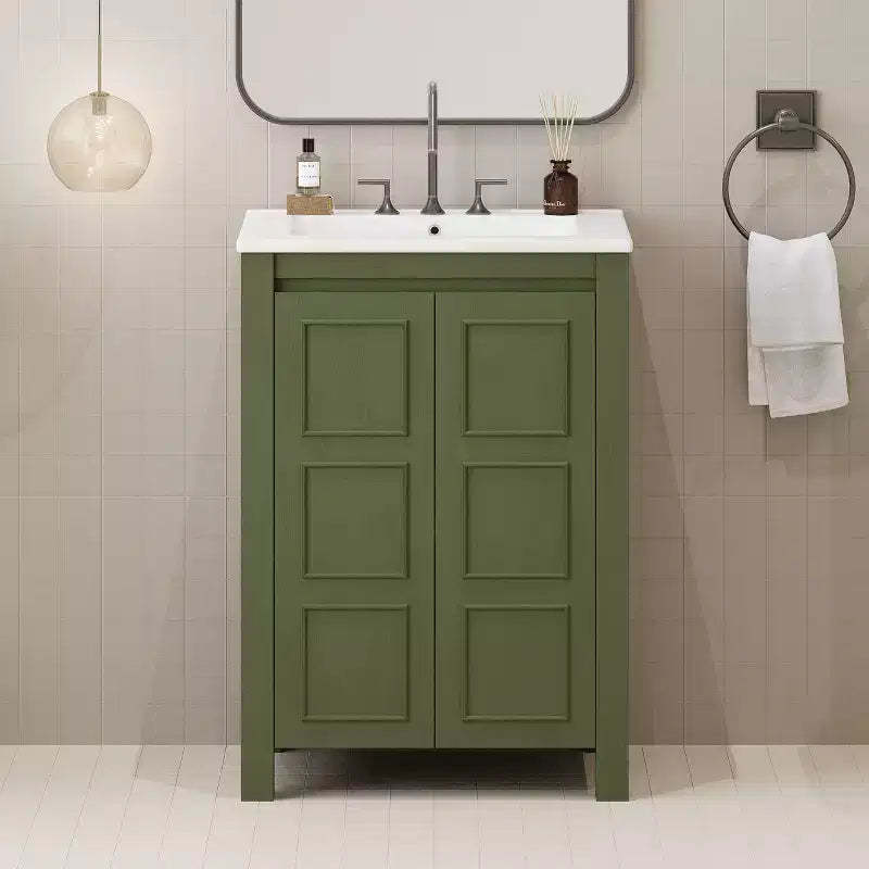 24 Small Bathroom Vanity with Soft-close Doors, Bathroom Cabinets Freestanding with Adjustable Shelf, Olive Green