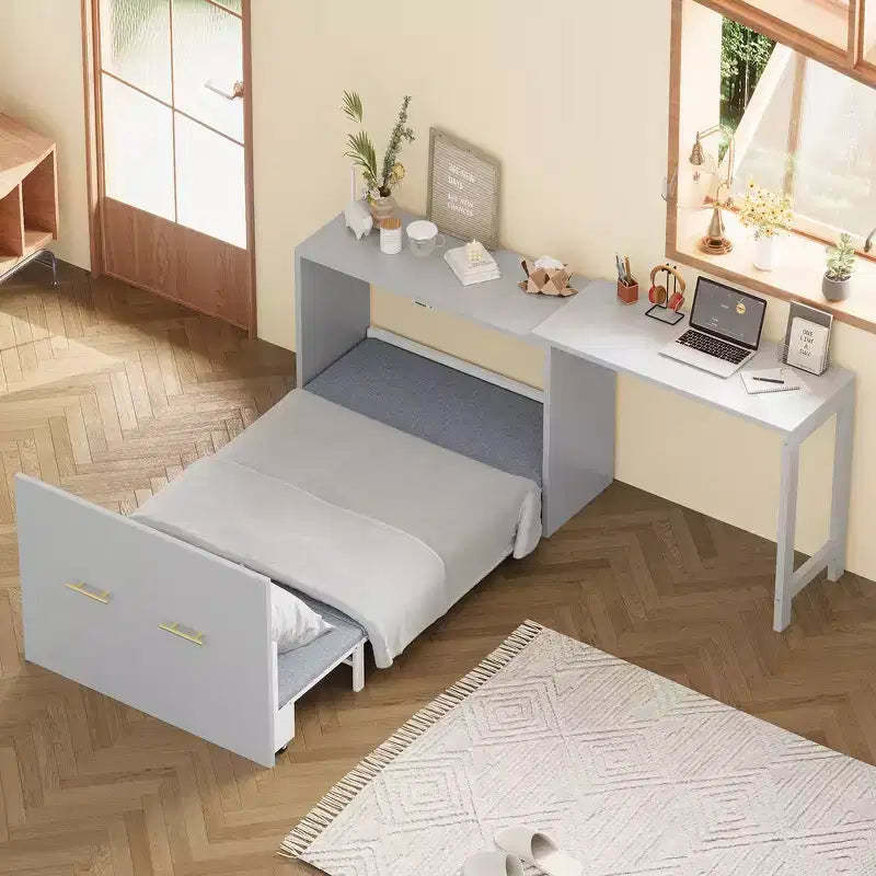 Whisen Twin Size Murphy Cabinet Bed Frame, Murphy Chest Dresser Bed with Adjustable Position Desk, Foldable Cushion