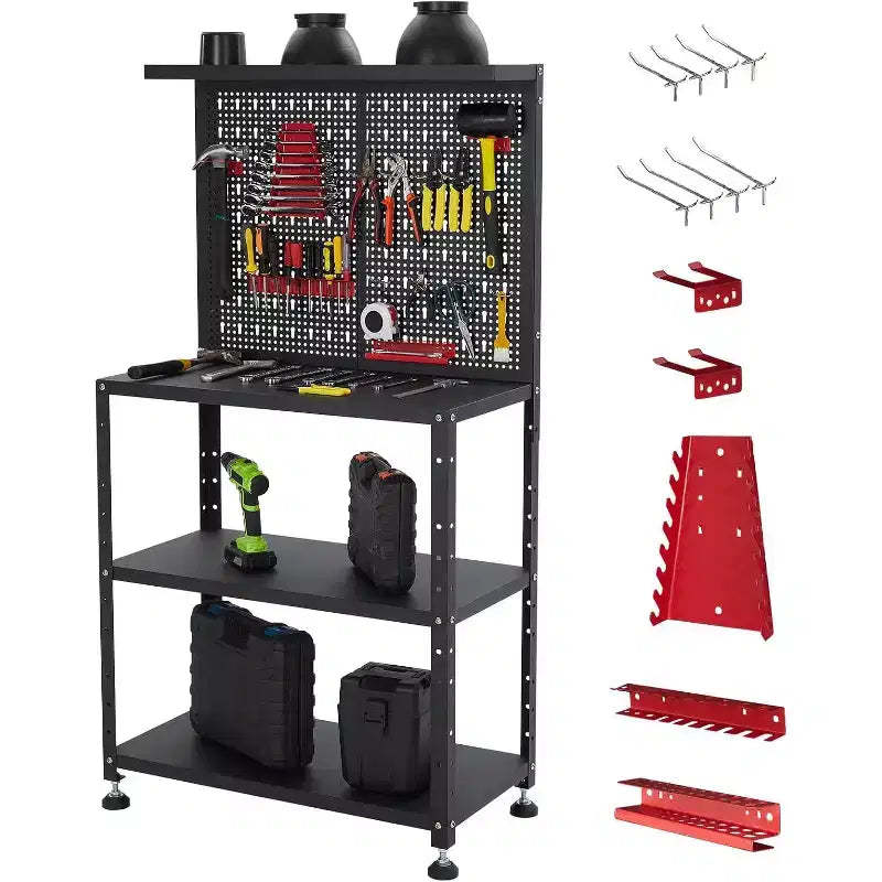COZONY 32 Heavy Duty Steel Workbench  Space Saving Tool Storage Cabinet with Pegboard, Adjustable Height, Hooks, 2-Tier Shelves, 650 lbs Capacity