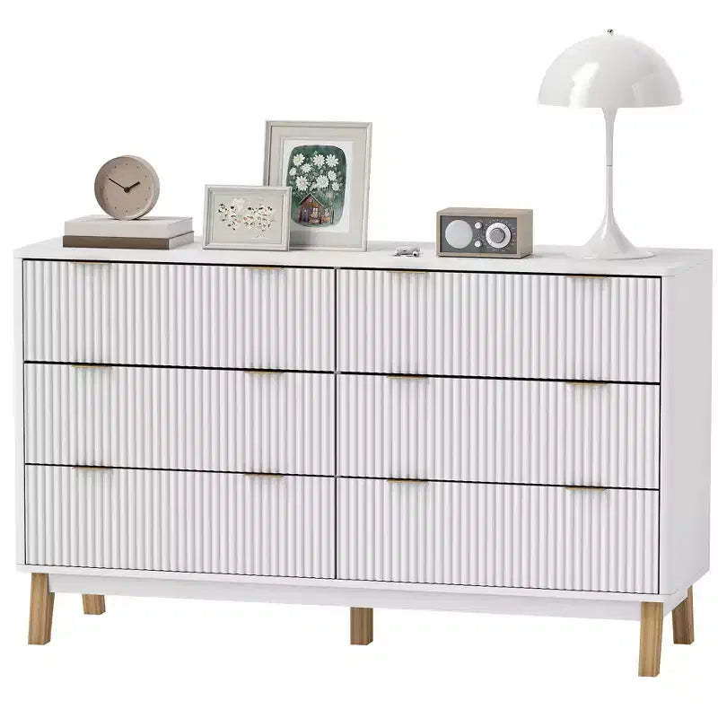 6-Drawer Double Dresser with Fluted Fronts Gold Finger Pulls Five Wooden Legs White