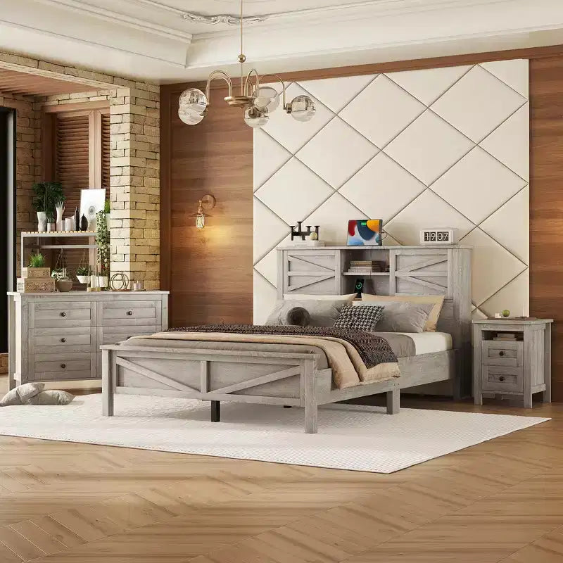 Whisen 3-Pieces Bedroom Sets, Full Size Farmhouse Platform Bed Frame with Storage Headboard, Storage Nightstand and Dresser