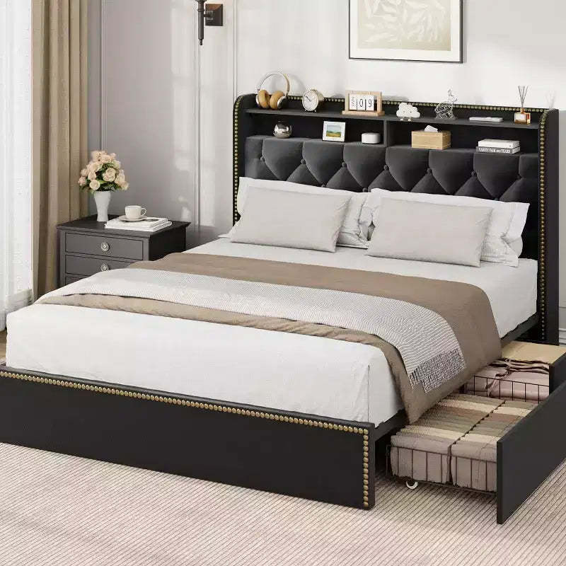 Full/Queen/King Upholstered Platform Bed Frame with 2-Tier Storage Headboard,Black Velvet Tufted Bed with 4 Drawers,Nailhead Trim, Sturdy Metal Frame