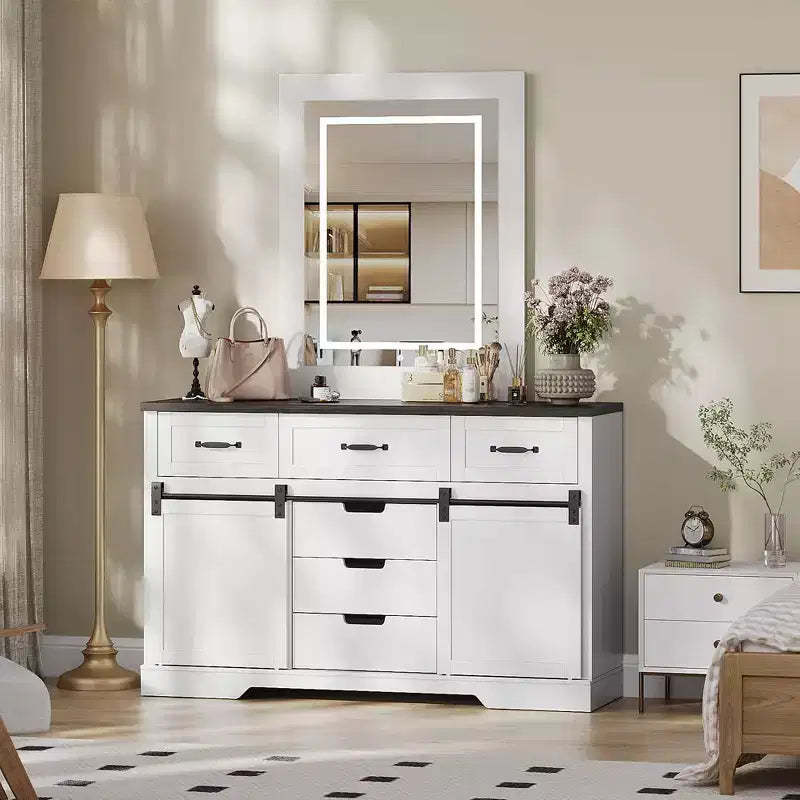 COZONY 47.2 Farmhouse Dresser, 6 Drawer Chest with Sliding Barn Doors, White