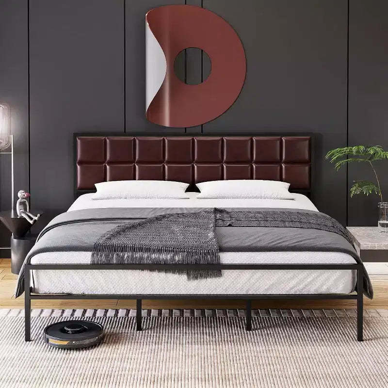 Upholstered Metal Bed Frame with Square-Stitched Headboard, Faux Leather Platform Bed with Steel Slats Support, Box Spring Optional, Red Brown