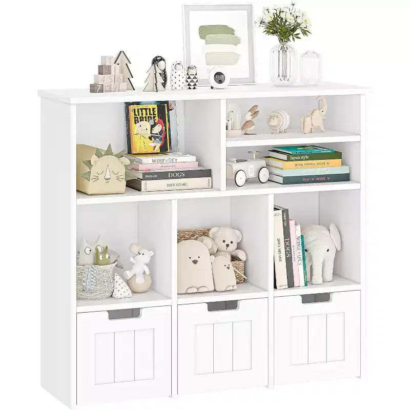 Toy Storage Cabinet with 3 Drawers & 6 Cubes, Hidden Wheels Kids Bookshelf Organizer for Bedroom, Playroom, Nursery (White)