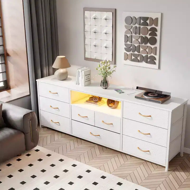 63 Inch White 9 Drawer Dresser for Bedroom LED TV Stand for 75 inch TV with Charging Station Power Outlets Fabric Storage Chest Media Console Table