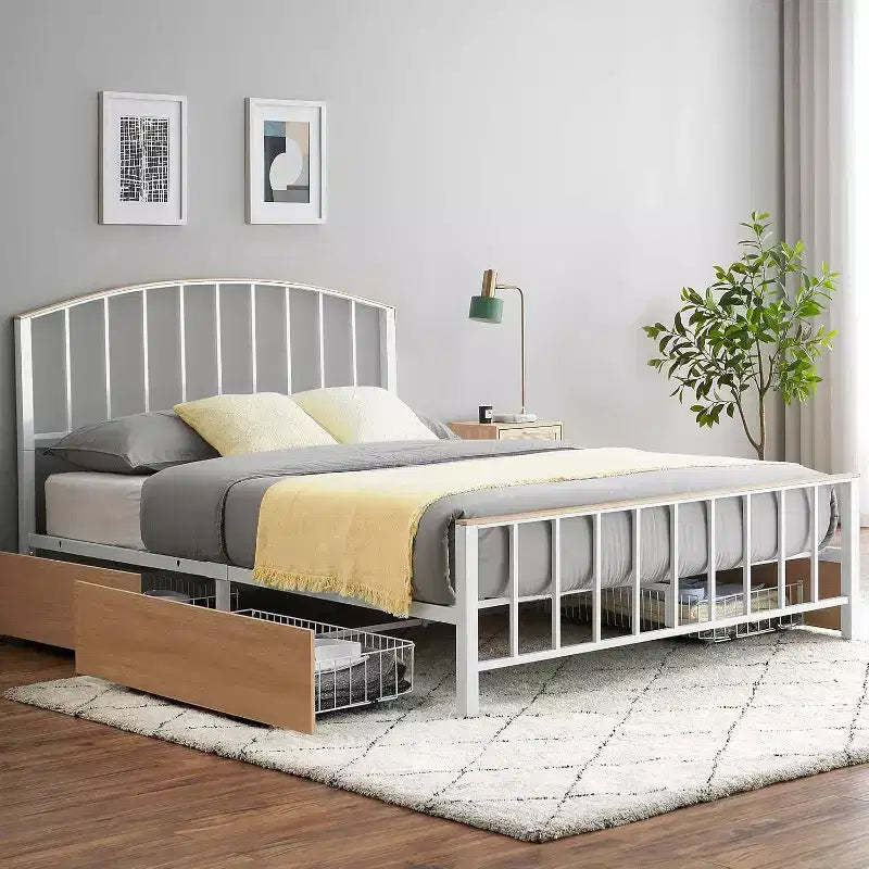 Bed Frame Metal Platform with Headboard,4 Storage Drawers Bed Frame, Queen Size Sturdy BedFrame with Under Bed Storage/No Box Spring Needed
