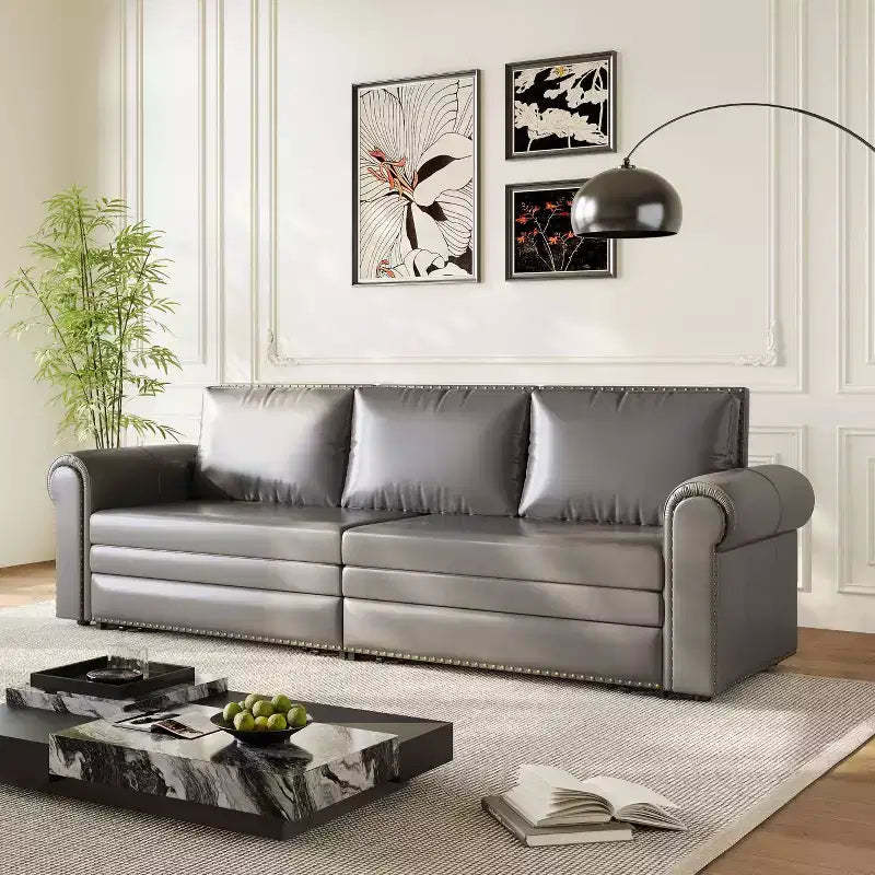 MAYEERTY 93.7 King Pull Out Sofa Bed, 3-in-1 Faux Leather Convertible Sleeper Sofa with Nailhead Trim& Rolled Arm Gray