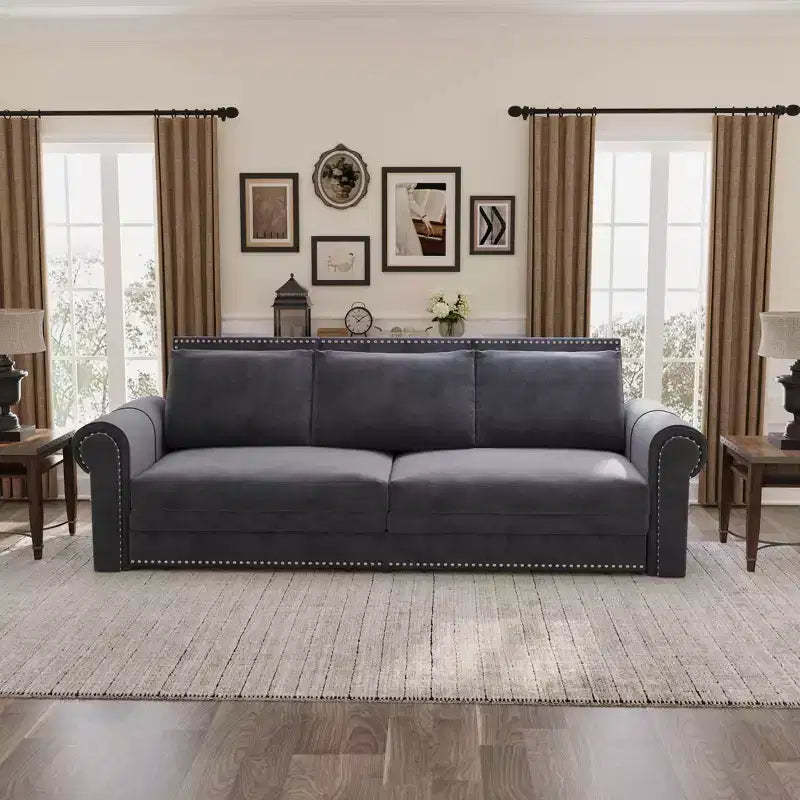 MAYEERTY 93.7 King Pull Out Sofa Bed, 3-in-1 Velvet Convertible Sleeper Sofa with Nailhead Trim& Rolled Arm Gray