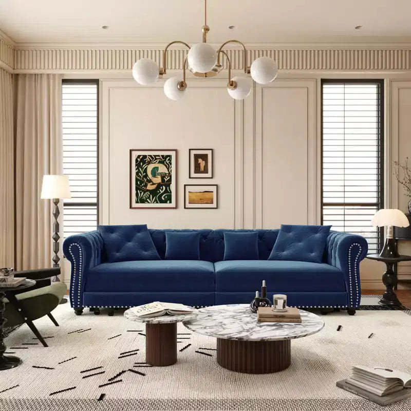 MAYEERTY 89 Velvet 3 Seat Sofa with Movable Ottoman, 3-in-1 Pull Out Sofa Bed, King Size Sofa Bed Blue
