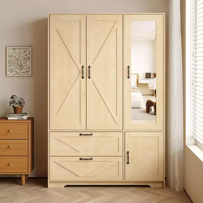 GDFStudio Prya Farmhouse Mirror Wardrobe Closet with LED Lights, Hanging Rod, 4 Doors and 2 Drawers