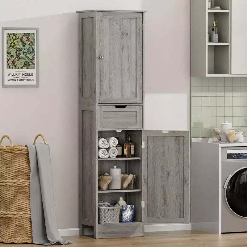 Tall Bathroom Cabinet with Adjustable Shelves & 1 Drawer, Storage Cabinet with 2 Doors, Narrow Tall Cabinet, Floor Cabinet for Bathroom, Grey