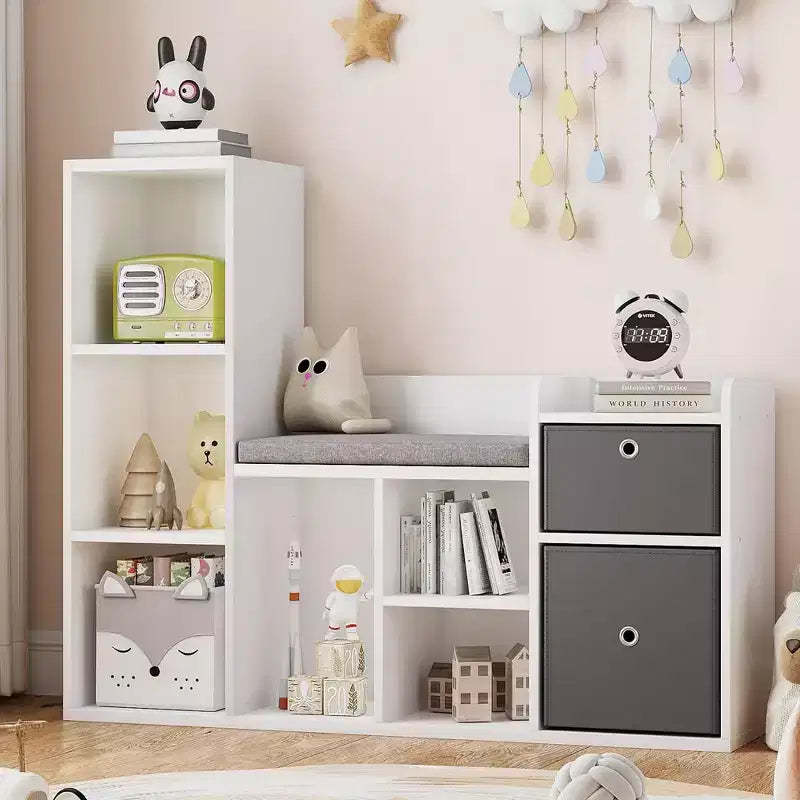 COZONY 44 Kids Bookshelf with Reading Nook, Dollhouse Bookcase with Cushion, 6 Cubby Storage and 2 Drawers